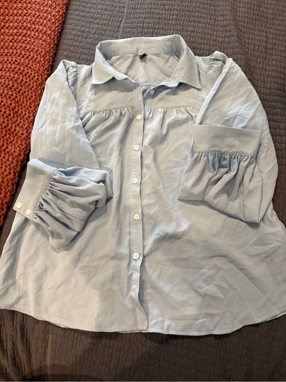 SHEIN Light Blue Button-Down Shirt with Gathered Sleeves